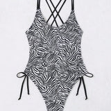 Swim SXY Traje de bano de una pieza de ajustado con cuello redondo y estampado de cebra para playa veraniega con auto-adorno
