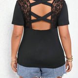 LUNE Plus Size Women's Back Contrast Lace Short Sleeve T-Shirt