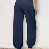 Pantalones De Haren Casuales De Cintura Elastica Para Mujeres, Pantalones De Nueve Puntos Con Doble Bolsillo