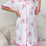 Vestido De Dormir Para Mujer Con Bloques De Color Y Detalles De Volantes Contrastantes Y Estampado Floral