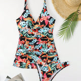 Swim Conjunto de tankini de traje de bano de mujer con estampado floral y de plantas, traje de bano de vacaciones