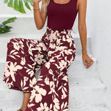 LUNE Atuendo De 2 Piezas Para Mujer: Top Cami De Color Solido Con Estampado Aleatorio Y Pantalones Anchos Sueltos A Juego