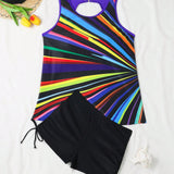 Swim Conjunto De Traje De Bano Tankini Con Cuello Redondo Y Bloqueo De Color