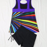 Swim Conjunto De Traje De Bano Tankini Con Cuello Redondo Y Bloqueo De Color