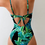 Swim Mujeres Estampado Tropical Espalda Descubierta Monokini Con Lazo En La Espalda Traje De Bano De Una Pieza, Para El Verano, La Playa, Las Vacaciones, Los Viajes, Los Festivales, La Piscina, El Surf