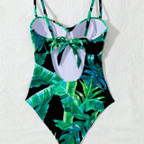 Swim Mujeres Estampado Tropical Espalda Descubierta Monokini Con Lazo En La Espalda Traje De Bano De Una Pieza, Para El Verano, La Playa, Las Vacaciones, Los Viajes, Los Festivales, La Piscina, El Surf