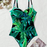 Swim Mujeres Estampado Tropical Espalda Descubierta Monokini Con Lazo En La Espalda Traje De Bano De Una Pieza, Para El Verano, La Playa, Las Vacaciones, Los Viajes, Los Festivales, La Piscina, El Surf