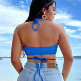 Top Corto Azul Para Playa En Vacaciones De Verano, Con Nudo Y Cuerda