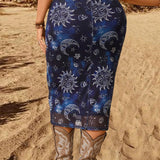 EZwear Plus Size Sun & Moon Printed Elastic Waist Midi Skirt