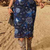 EZwear Plus Size Sun & Moon Printed Elastic Waist Midi Skirt