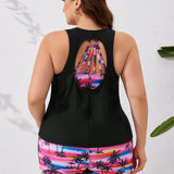 Swim Lushore Conjunto De Tankini De Talla Grande Con Estampado De Arbol De Coco Y Remiendo En Cuello Redondo