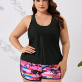 Swim Lushore Conjunto De Tankini De Talla Grande Con Estampado De Arbol De Coco Y Remiendo En Cuello Redondo