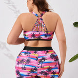 Swim Lushore Conjunto De Tankini De Talla Grande Con Estampado De Arbol De Coco Y Remiendo En Cuello Redondo