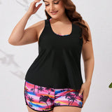 Swim Lushore Conjunto De Tankini De Talla Grande Con Estampado De Arbol De Coco Y Remiendo En Cuello Redondo