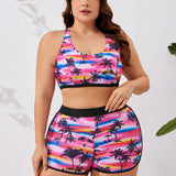 Swim Lushore Conjunto De Tankini De Talla Grande Con Estampado De Arbol De Coco Y Remiendo En Cuello Redondo