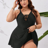 Swim Curve Conjunto de tankini de tirantes cruzados y lazo, unicolor y talla grande, traje de bano para playa y vacaciones