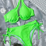 Swim Conjunto de bikini de un hombro verde neon fluorescente para playa de verano