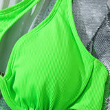 Swim Conjunto de bikini de un hombro verde neon fluorescente para playa de verano