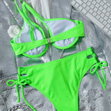 Swim Conjunto de bikini de un hombro verde neon fluorescente para playa de verano