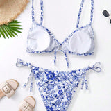 Swim Vcay Conjunto de bikini de flores con lazos laterales para la playa de verano en tallas grandes