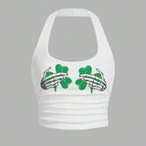 Top De Cuello Halter Ajustado Y Sey Con Impresion De Trebol, Calavera Y Mano Para Mujeres, Adecuado Para El Dia De San Patricio