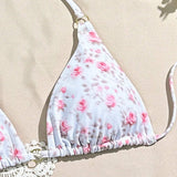 Conjunto De Bikini De Cuello Halter Con Estampado Floral Pequeno, Traje De Bano De Bikini De Cuerda, Traje De Bano De Playa Para Vacaciones De Verano