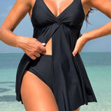 Swim Vcay Conjunto De Traje De Bano De Dos Piezas Con Mini Vestido A Rayas Solidas Con Detalles De Arrugas Y Abertura En El Dobladillo Con Tirantes Retorcidos Para Mujer