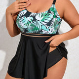 Swim Lushore Conjunto De Traje De Bano Para Mujer De Talla Grande Que Incluye Top Cami Tropical Con Fondo De Color Solido