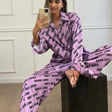 DAZY Conjunto De Pijama Suelta De Satin Con Estampado De Letra En Toda La Prenda