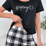 Conjunto De Pijama De Manga Corta Con Estampado De Letras Para Mujer Con Pantalones Para Dormir A Cuadros