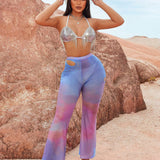 SXY Pantalones Acampanados Con Estampado Ombre Y Diseno De Huecos Transparentes Para Vacaciones De Verano En La Playa O Festivales De Musica