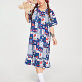 ROMWE Kawaii Vestido De Casa Vintage Estilo Tiempo De Familia Con Estampado De Fresa Y Parches