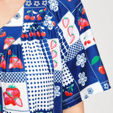 ROMWE Kawaii Vestido De Casa Vintage Estilo Tiempo De Familia Con Estampado De Fresa Y Parches