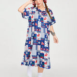 ROMWE Kawaii Vestido De Casa Vintage Estilo Tiempo De Familia Con Estampado De Fresa Y Parches