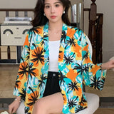 DAZY kimono Suelto Con Estampado De Arboles De Coco Y Apertura Frontal