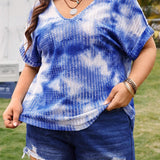Essnce Plus-Size Summer Wear Tie-Dye  Breathable Fabric Hollowed-Out Bat Sleeve V-Neck T-Shirt Smock Oversized T Shirt Summer Shirts Country Concert Outfit Going Out Tops