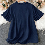 Blusa De a Grande Para Mujer Con Manga Corta, Escote En V, Dobladillo Con Volantes Y Dee De Oreja De Madera