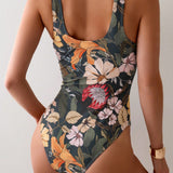 Swim Traje De Bano De Una Pieza Impreso Con Flores Con Cortes De Anillo Y Ajuste Cenido Para Verano, Playa, Natacion, Vacaciones