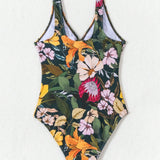 Swim Traje De Bano De Una Pieza Impreso Con Flores Con Cortes De Anillo Y Ajuste Cenido Para Verano, Playa, Natacion, Vacaciones