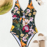 Swim Traje De Bano De Una Pieza Impreso Con Flores Con Cortes De Anillo Y Ajuste Cenido Para Verano, Playa, Natacion, Vacaciones