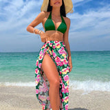 Conjunto De Traje De Bano De Playa Con Diseno Floral Y Pareo, Top De Bikini Con Tirantes Y Braguita Triangular