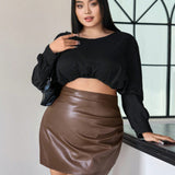 Dazy Plus Plus Size Solid Color Pu Leather Pencil Skirt With Pleating