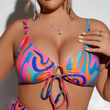Swim Curve Top de bikini con cordones delanteros y bloque de color para mujer de talla grande de verano en la playa