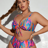 Swim Curve Top de bikini con cordones delanteros y bloque de color para mujer de talla grande de verano en la playa