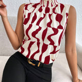 Camisa Sin Mangas Estampada Al Azar Con Cuello De Pie Para Mujer