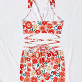 WYWH Conjunto De Dos Piezas Para Mujer Con Blusa De Cuello Halter Y Falda Acampanada Con Estampado Floral