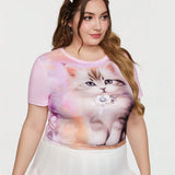 Qutie Plus Size Cat Printed Slim Fit Cropped Short Sleeve T-Shirt