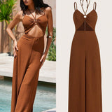 VCAY Solid Color Hollow Out Wide Leg Jumpsuit For Vacation