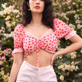 MOD Dulce Top de mujer con mangas abullonadas de encaje y estampado de corazones al estilo frances