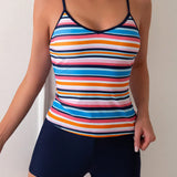 Swim Lushore Conjunto De Tankini Con Camiseta De Tirantes Y Pantalones Cortos A Rayas De Cuello Redondo Para Mujeres, Para Verano, Playa, Luna De Miel, Viaje, Vacaciones, Piscina